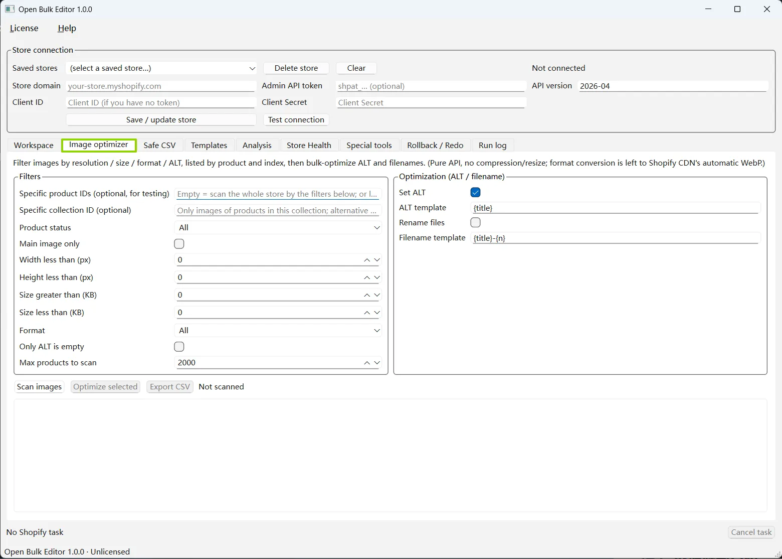 Open Bulk Editor Image Optimizer with image filters and ALT and filename templates
