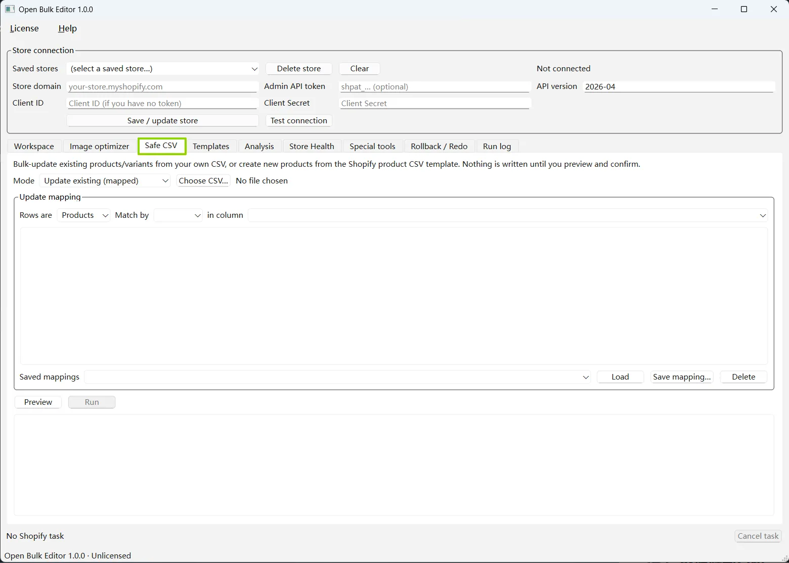 Open Bulk Editor Safe CSV screen before selecting an update file
