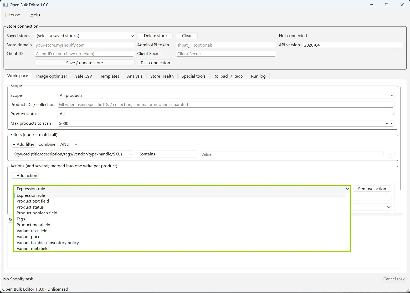 Open Bulk Editor Workspace on Windows showing the available bulk action types